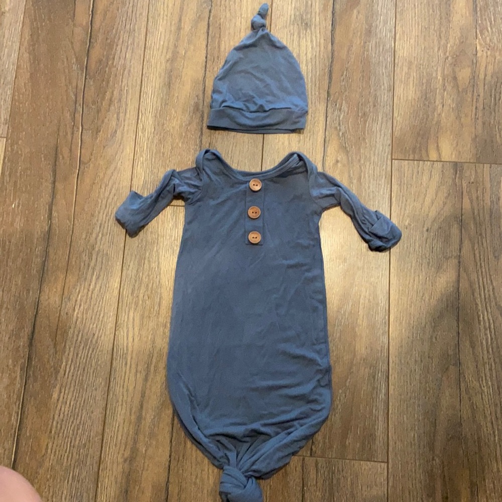 Dusty blue Caden Lane knitted gown and hat